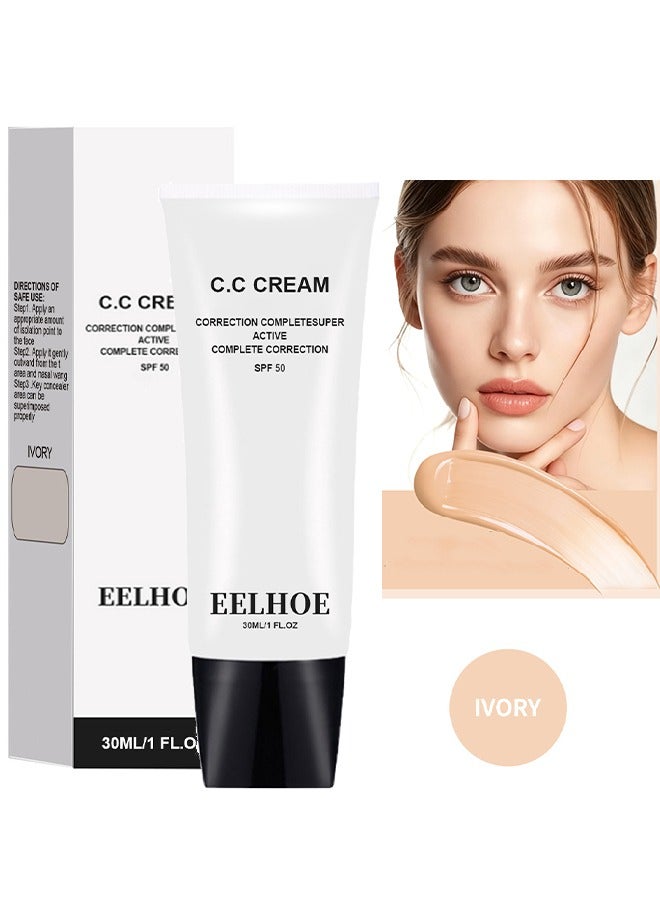 EELHOE CC Cream  Self Adjusting For Mature Skin, Colour Correcting Face Sunscreen And Foundation, Pre-Makeup Primer Moisturizing Skin Concealer (IVORY) SPF 50 - Image 1